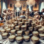 Elegante Party mit einem Fokus auf Dosen voller glitzerndem weißem Kaviar, umgeben von hochkarätigen Gästen in einem luxuriösen Ambiente.